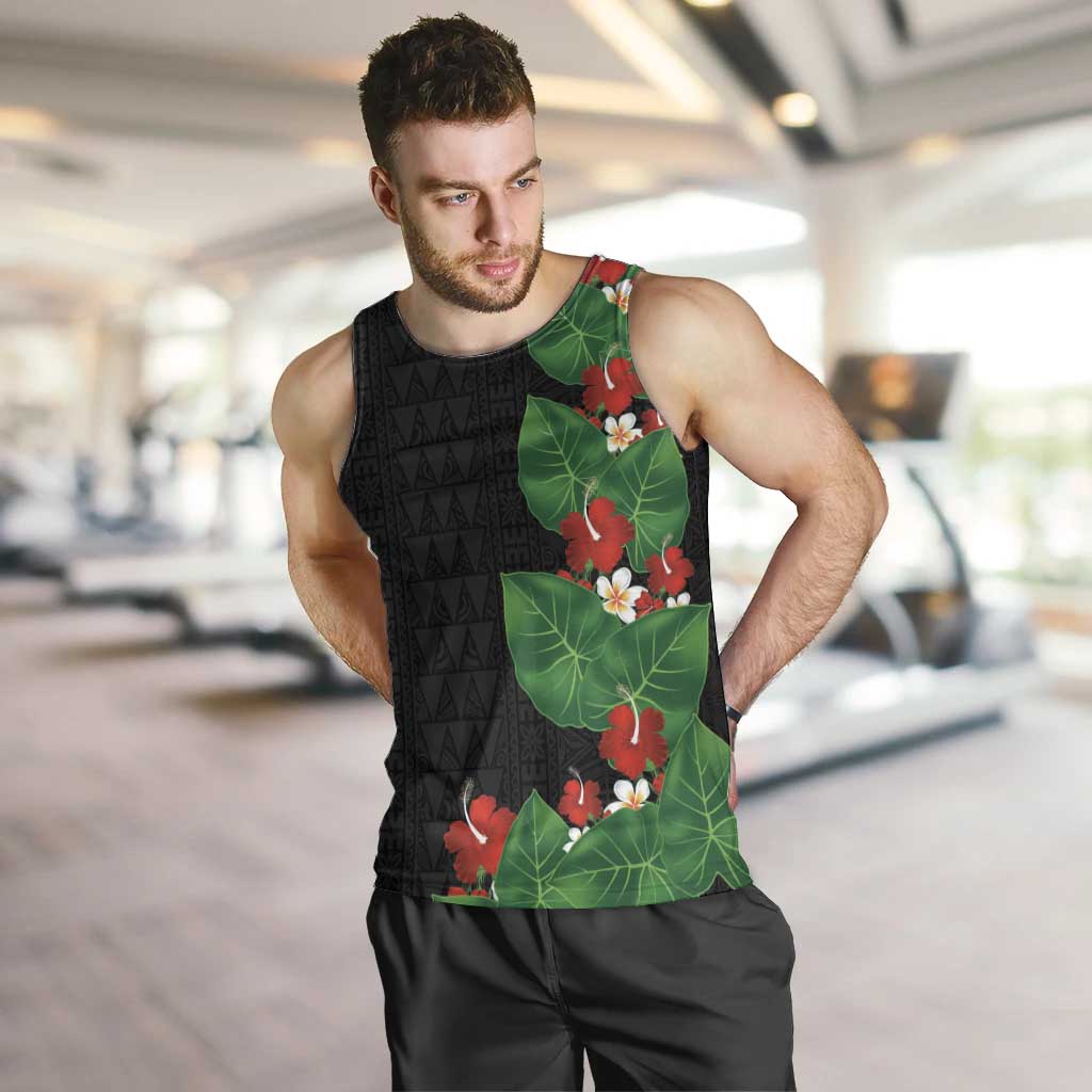Hawaiian Taro Leaves-Hibiscus and Plumeria Men Tank Top Polynesian Art-Kakau Tattoo Black
