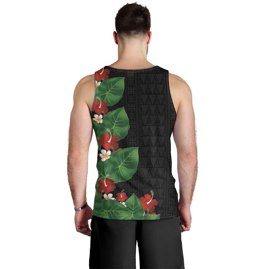 Hawaiian Taro Leaves-Hibiscus and Plumeria Men Tank Top Polynesian Art-Kakau Tattoo Black