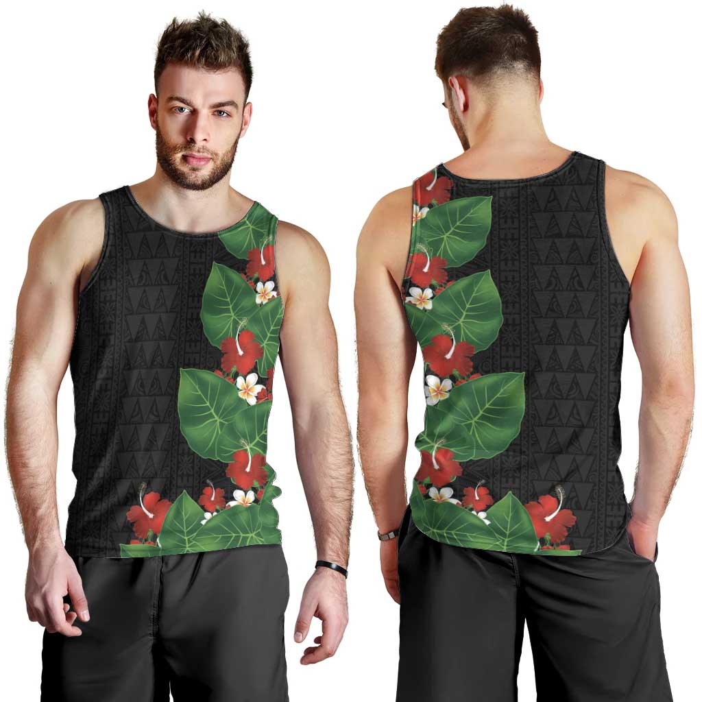 Hawaiian Taro Leaves-Hibiscus and Plumeria Men Tank Top Polynesian Art-Kakau Tattoo Black