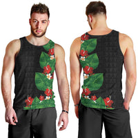 Hawaiian Taro Leaves-Hibiscus and Plumeria Men Tank Top Polynesian Art-Kakau Tattoo Black