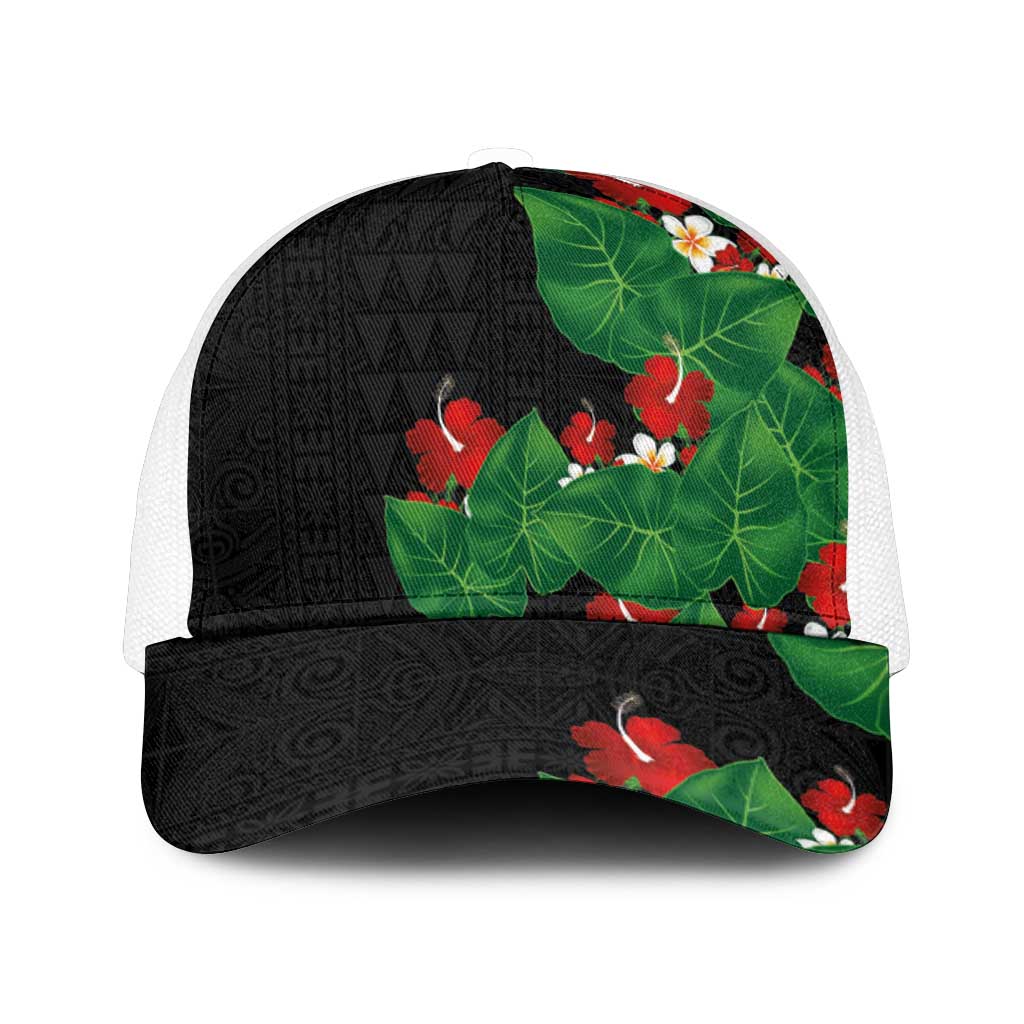 Hawaiian Taro Leaves-Hibiscus and Plumeria Mesh Trucker Cap Polynesian Art-Kakau Tattoo Black
