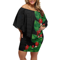 Hawaiian Taro Leaves-Hibiscus and Plumeria Off Shoulder Short Dress Polynesian Art-Kakau Tattoo Black