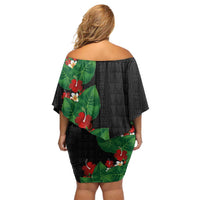 Hawaiian Taro Leaves-Hibiscus and Plumeria Off Shoulder Short Dress Polynesian Art-Kakau Tattoo Black