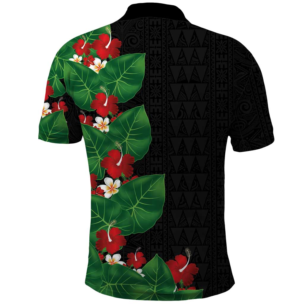 Hawaiian Taro Leaves-Hibiscus and Plumeria Polo Shirt Polynesian Art-Kakau Tattoo Black