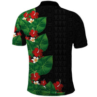 Hawaiian Taro Leaves-Hibiscus and Plumeria Polo Shirt Polynesian Art-Kakau Tattoo Black