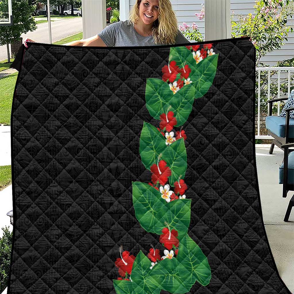 Hawaiian Taro Leaves-Hibiscus and Plumeria Quilt Polynesian Art-Kakau Tattoo Black