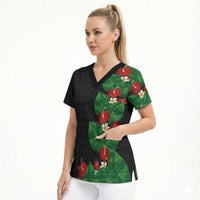 Hawaiian Taro Leaves-Hibiscus and Plumeria Scrub Top Polynesian Art-Kakau Tattoo Black