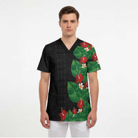 Hawaiian Taro Leaves-Hibiscus and Plumeria Scrub Top Polynesian Art-Kakau Tattoo Black