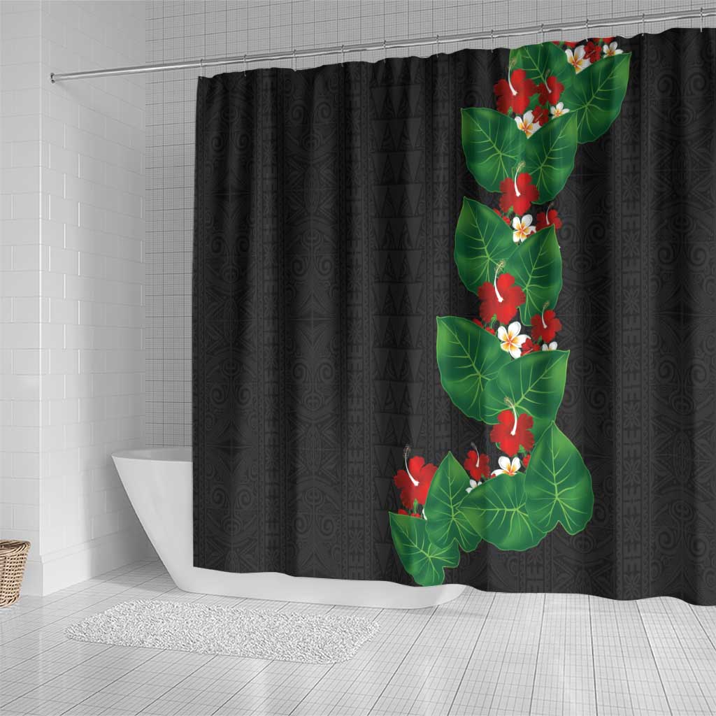Hawaiian Taro Leaves-Hibiscus and Plumeria Shower Curtain Polynesian Art-Kakau Tattoo Black