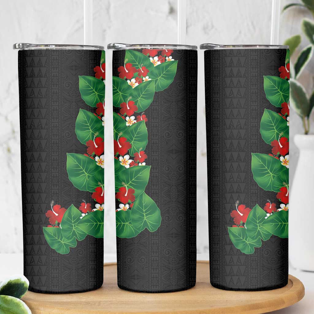 Hawaiian Taro Leaves-Hibiscus and Plumeria Skinny Tumbler Polynesian Art-Kakau Tattoo Black