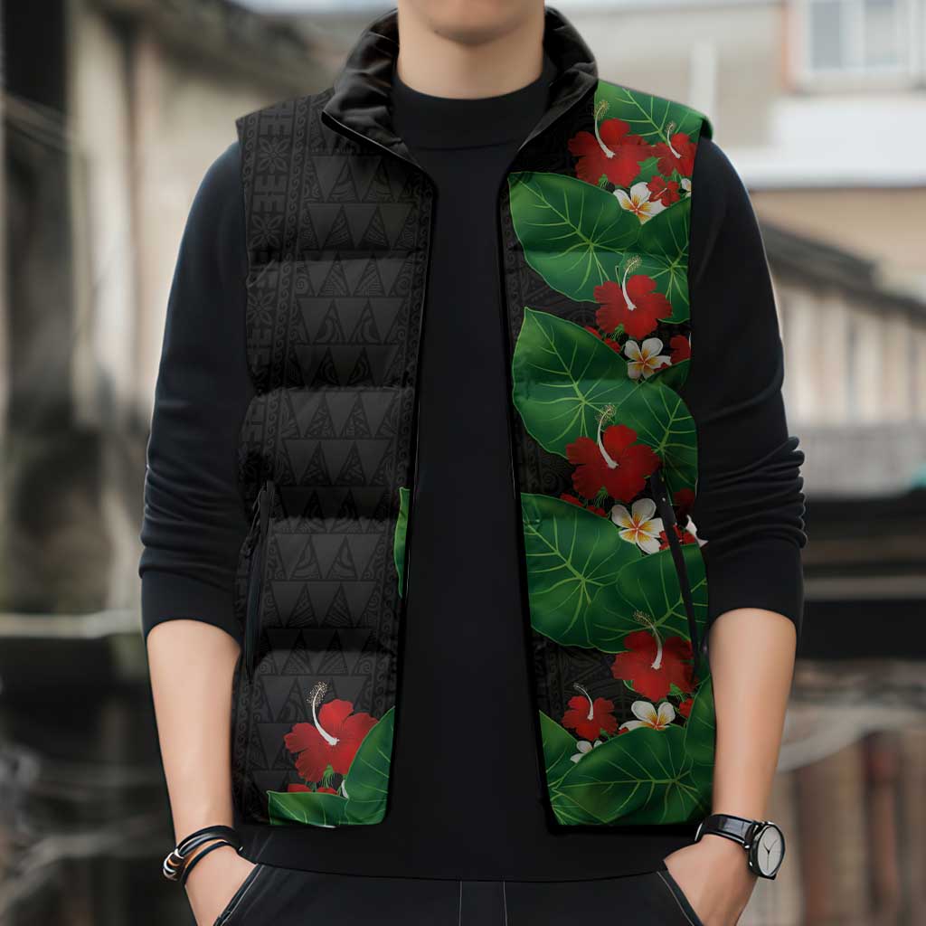 Hawaiian Taro Leaves-Hibiscus and Plumeria Sleeveless Puffer Jacket Polynesian Art-Kakau Tattoo Black