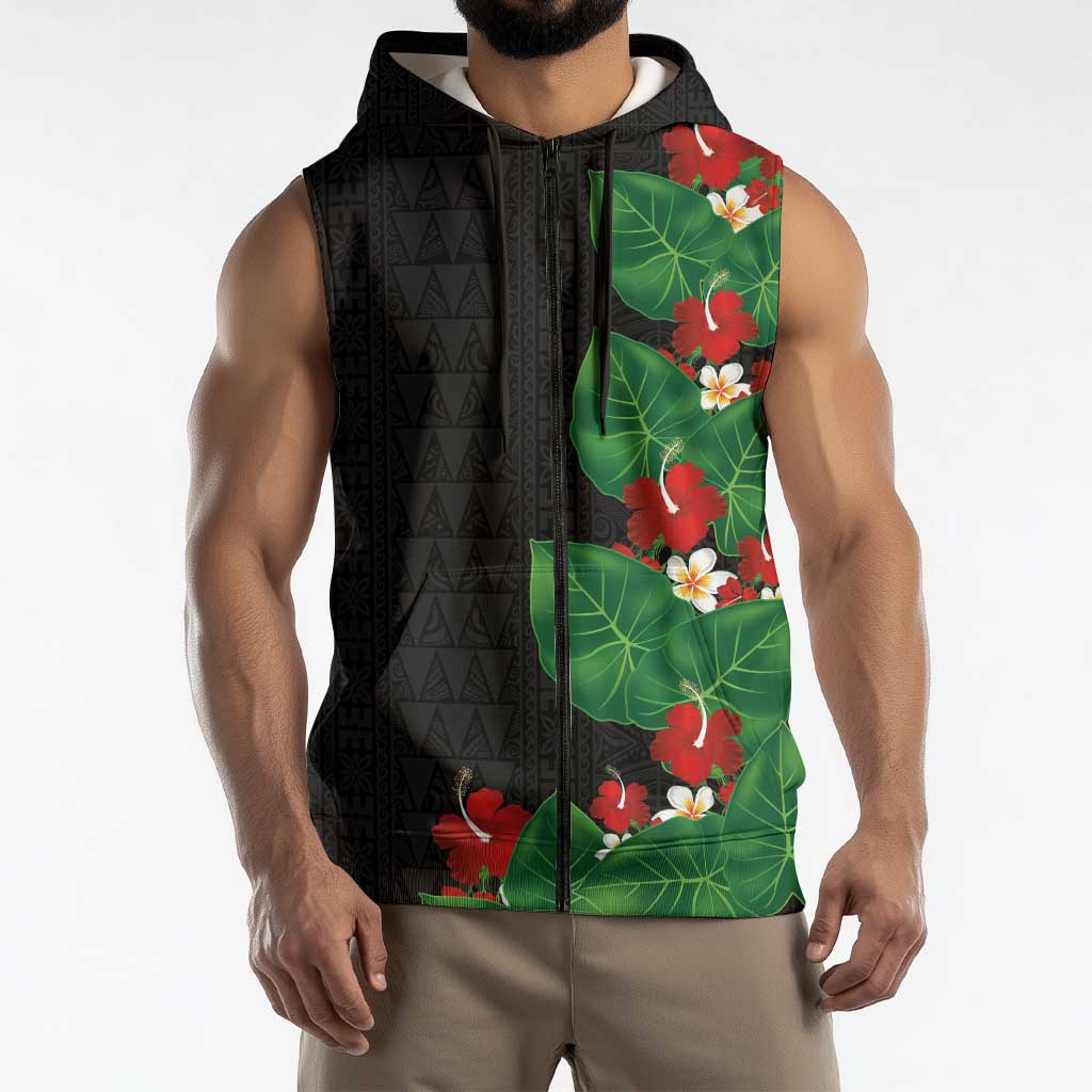 Hawaiian Taro Leaves-Hibiscus and Plumeria Sleeveless Zip Hoodie Polynesian Art-Kakau Tattoo Black