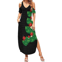 Hawaiian Taro Leaves-Hibiscus and Plumeria Summer Maxi Dress Polynesian Art-Kakau Tattoo Black