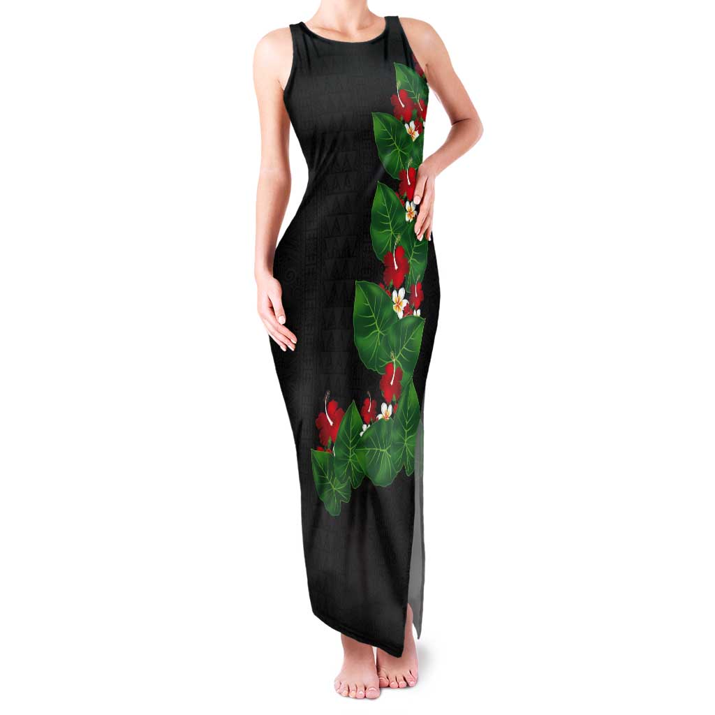 Hawaiian Taro Leaves-Hibiscus and Plumeria Tank Maxi Dress Polynesian Art-Kakau Tattoo Black