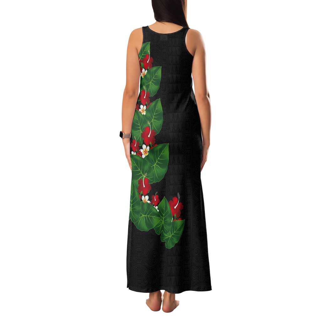 Hawaiian Taro Leaves-Hibiscus and Plumeria Tank Maxi Dress Polynesian Art-Kakau Tattoo Black
