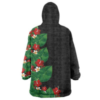 Hawaiian Taro Leaves-Hibiscus and Plumeria Wearable Blanket Hoodie Polynesian Art-Kakau Tattoo Black