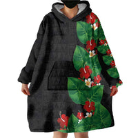 Hawaiian Taro Leaves-Hibiscus and Plumeria Wearable Blanket Hoodie Polynesian Art-Kakau Tattoo Black