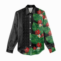 Hawaiian Taro Leaves-Hibiscus and Plumeria Women Casual Shirt Polynesian Art-Kakau Tattoo Black