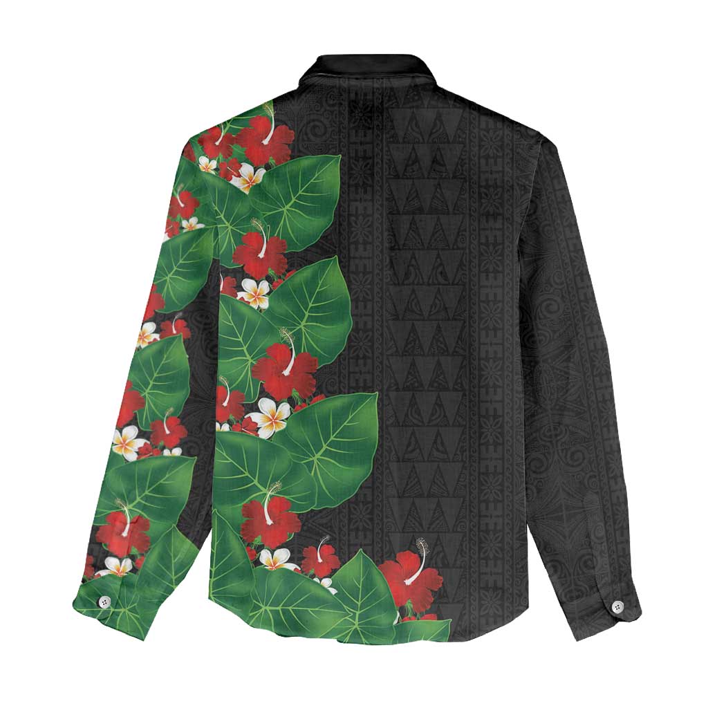 Hawaiian Taro Leaves-Hibiscus and Plumeria Women Casual Shirt Polynesian Art-Kakau Tattoo Black