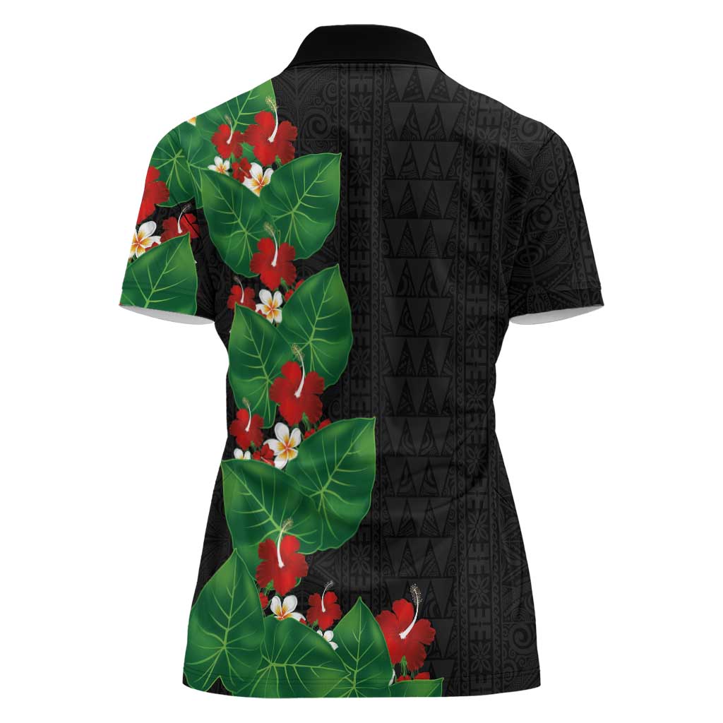 Hawaiian Taro Leaves-Hibiscus and Plumeria Women Polo Shirt Polynesian Art-Kakau Tattoo Black