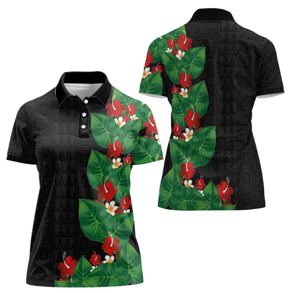 Hawaiian Taro Leaves-Hibiscus and Plumeria Women Polo Shirt Polynesian Art-Kakau Tattoo Black