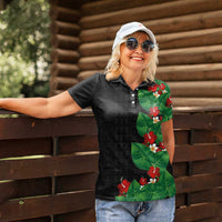 Hawaiian Taro Leaves-Hibiscus and Plumeria Women Polo Shirt Polynesian Art-Kakau Tattoo Black