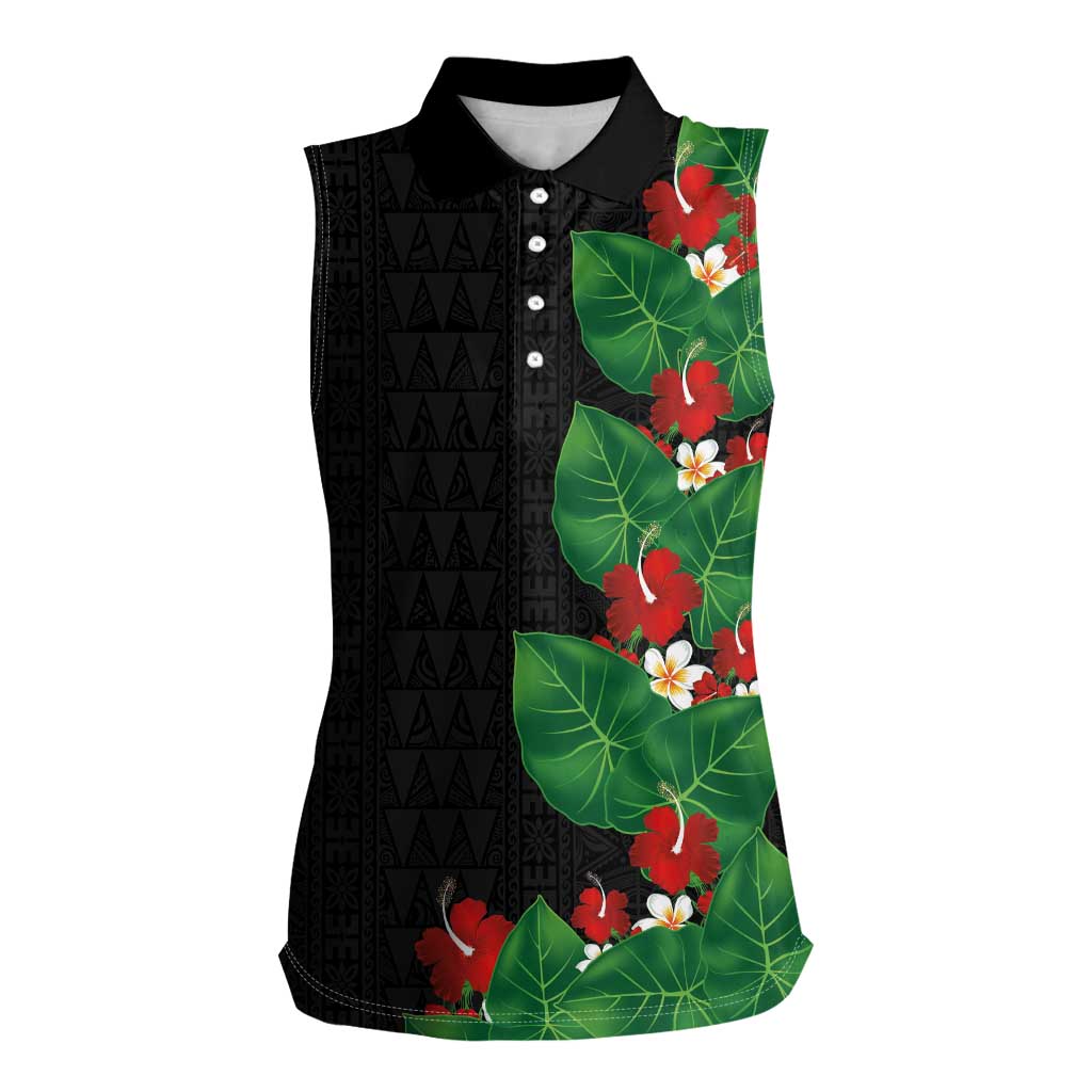 Hawaiian Taro Leaves-Hibiscus and Plumeria Women Sleeveless Polo Shirt Polynesian Art-Kakau Tattoo Black