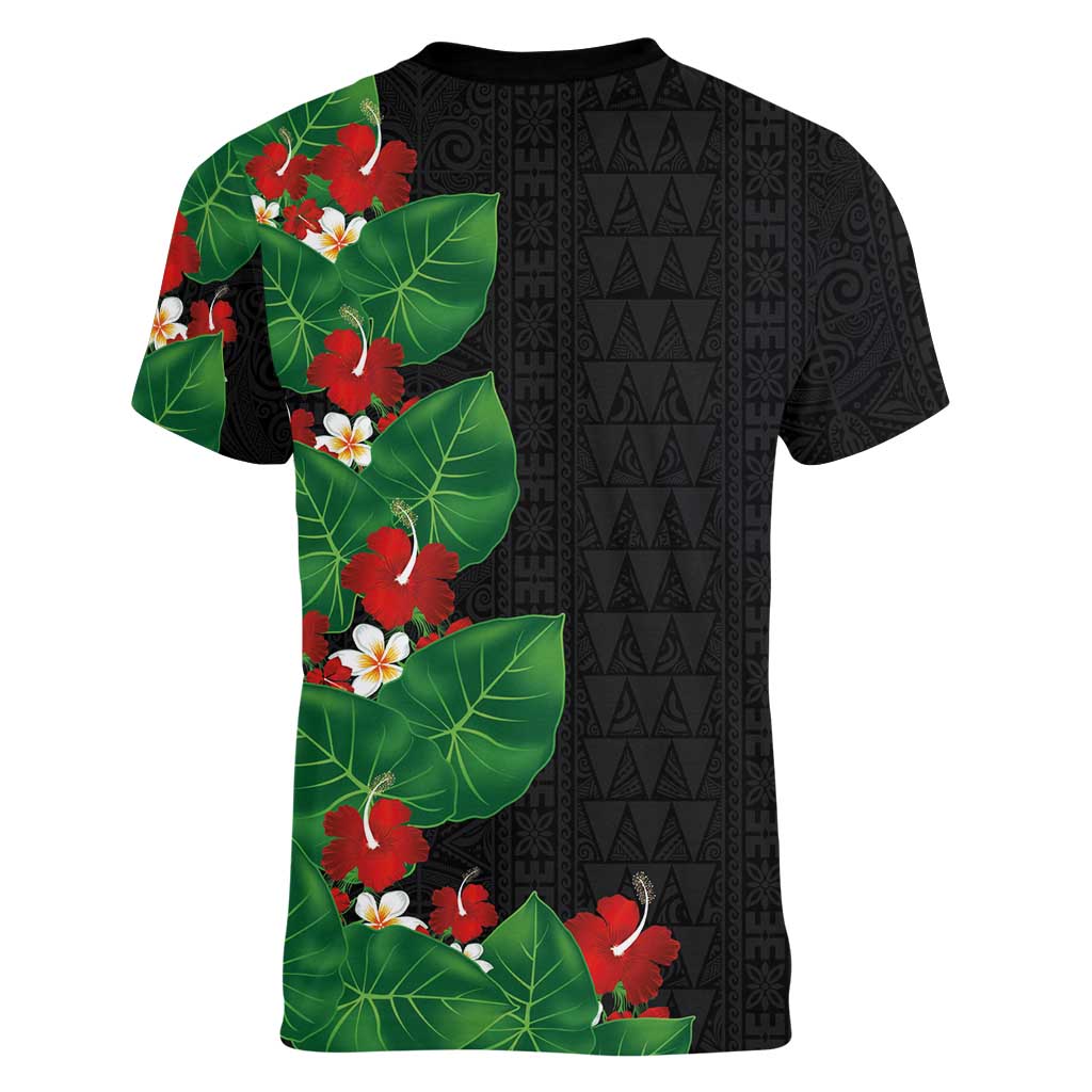 Hawaiian Taro Leaves-Hibiscus and Plumeria Women V-Neck T-Shirt Polynesian Art-Kakau Tattoo Black