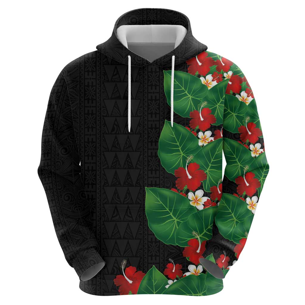 Hawaiian Taro Leaves-Hibiscus and Plumeria Zip Hoodie Polynesian Art-Kakau Tattoo Black