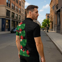 Hawaiian Taro Leaves-Hibiscus and Plumeria Zipper Polo Shirt Polynesian Art-Kakau Tattoo Black