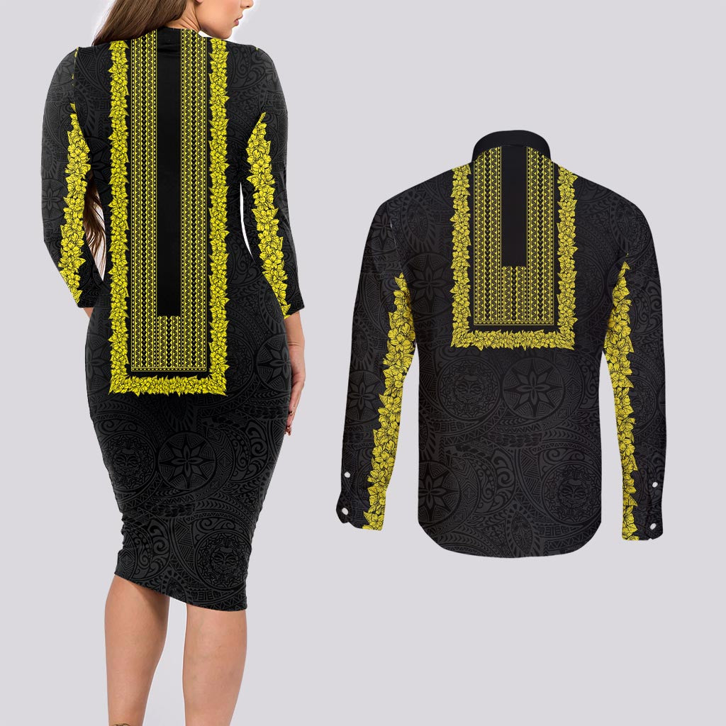 Philippines Polynesian Jasmine Pattern Couples Matching Long Sleeve Bodycon Dress and Long Sleeve Button Shirt With Barong Tagalog Black Style