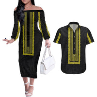 Philippines Polynesian Jasmine Pattern Couples Matching Off The Shoulder Long Sleeve Dress and Hawaiian Shirt With Barong Tagalog Black Style