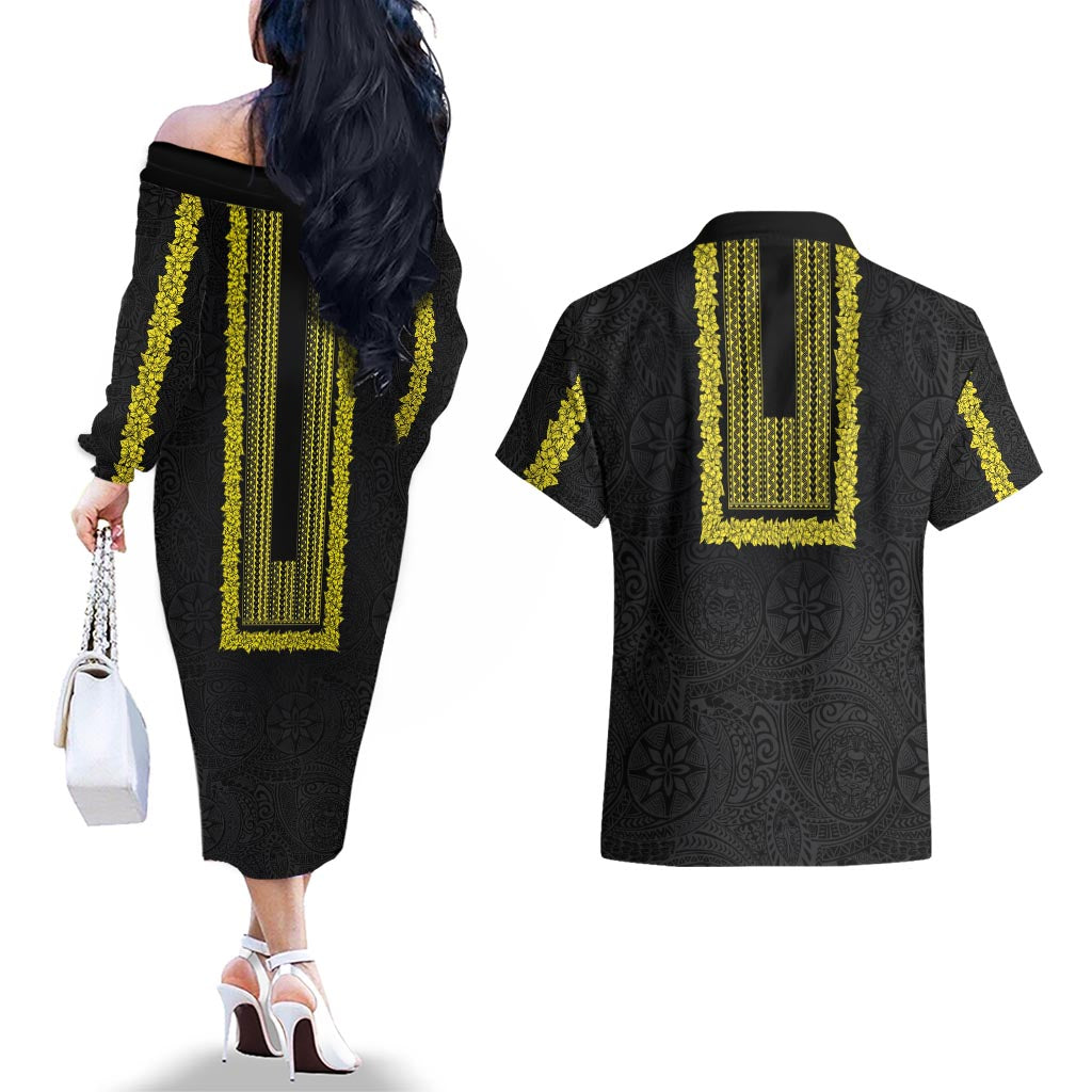 Philippines Polynesian Jasmine Pattern Couples Matching Off The Shoulder Long Sleeve Dress and Hawaiian Shirt With Barong Tagalog Black Style