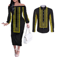 Philippines Polynesian Jasmine Pattern Couples Matching Off The Shoulder Long Sleeve Dress and Long Sleeve Button Shirt With Barong Tagalog Black Style