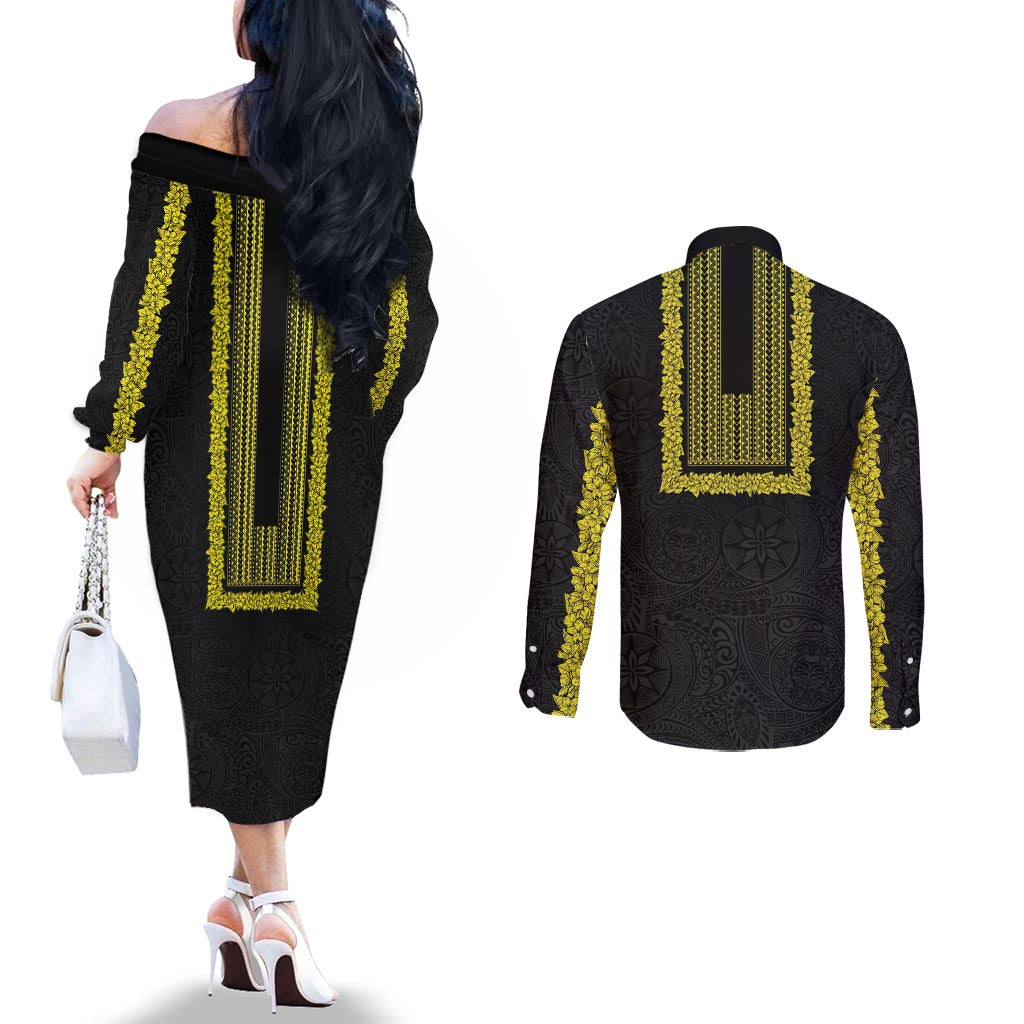 Philippines Polynesian Jasmine Pattern Couples Matching Off The Shoulder Long Sleeve Dress and Long Sleeve Button Shirt With Barong Tagalog Black Style