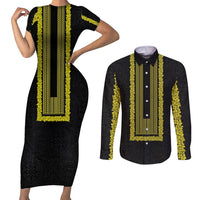 Philippines Polynesian Jasmine Pattern Couples Matching Short Sleeve Bodycon Dress and Long Sleeve Button Shirt With Barong Tagalog Black Style