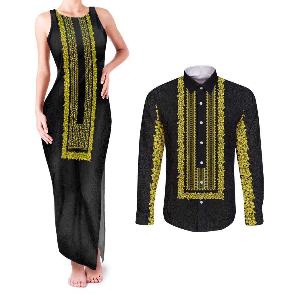 Philippines Polynesian Jasmine Pattern Couples Matching Tank Maxi Dress and Long Sleeve Button Shirt With Barong Tagalog Black Style