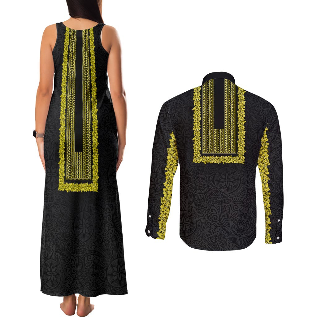 Philippines Polynesian Jasmine Pattern Couples Matching Tank Maxi Dress and Long Sleeve Button Shirt With Barong Tagalog Black Style