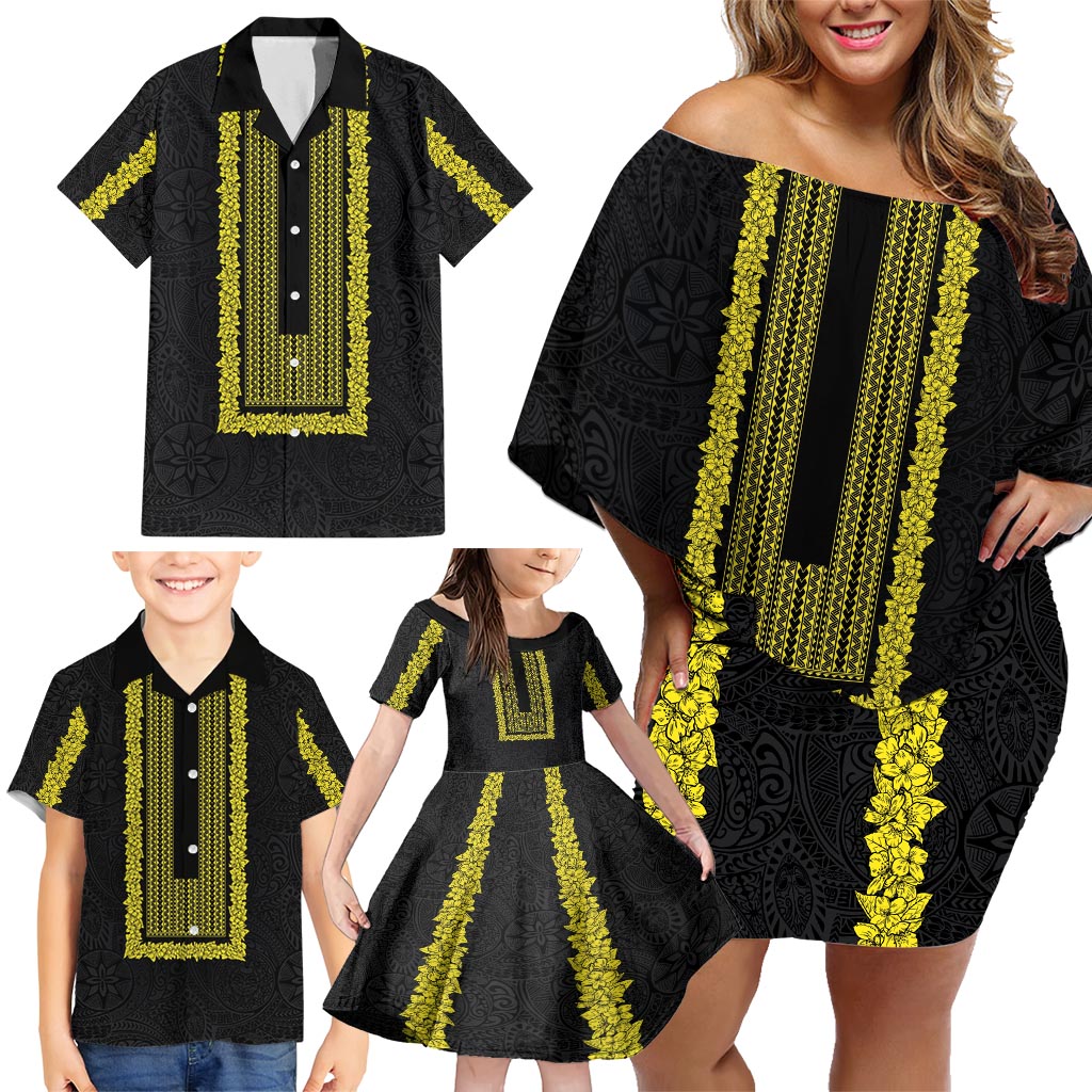 Philippines Polynesian Jasmine Pattern Family Matching Off Shoulder Short Dress and Hawaiian Shirt With Barong Tagalog Black Style