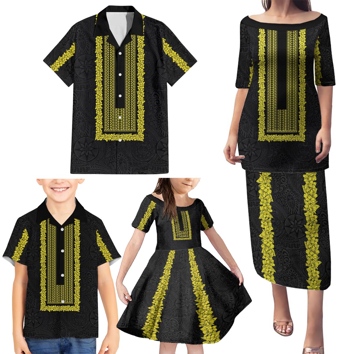 Philippines Polynesian Jasmine Pattern Family Matching Puletasi and Hawaiian Shirt With Barong Tagalog Black Style