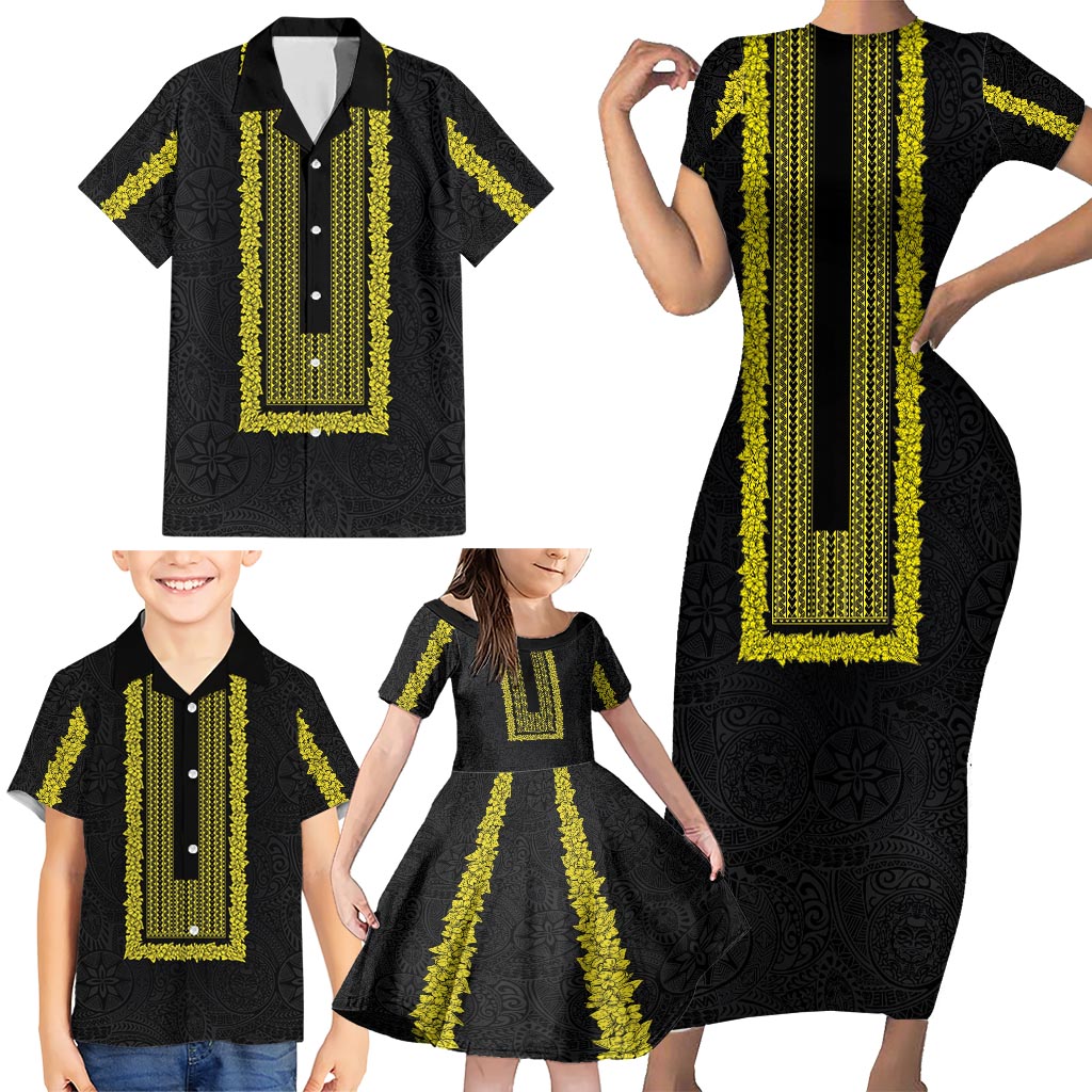 Philippines Polynesian Jasmine Pattern Family Matching Short Sleeve Bodycon Dress and Hawaiian Shirt With Barong Tagalog Black Style