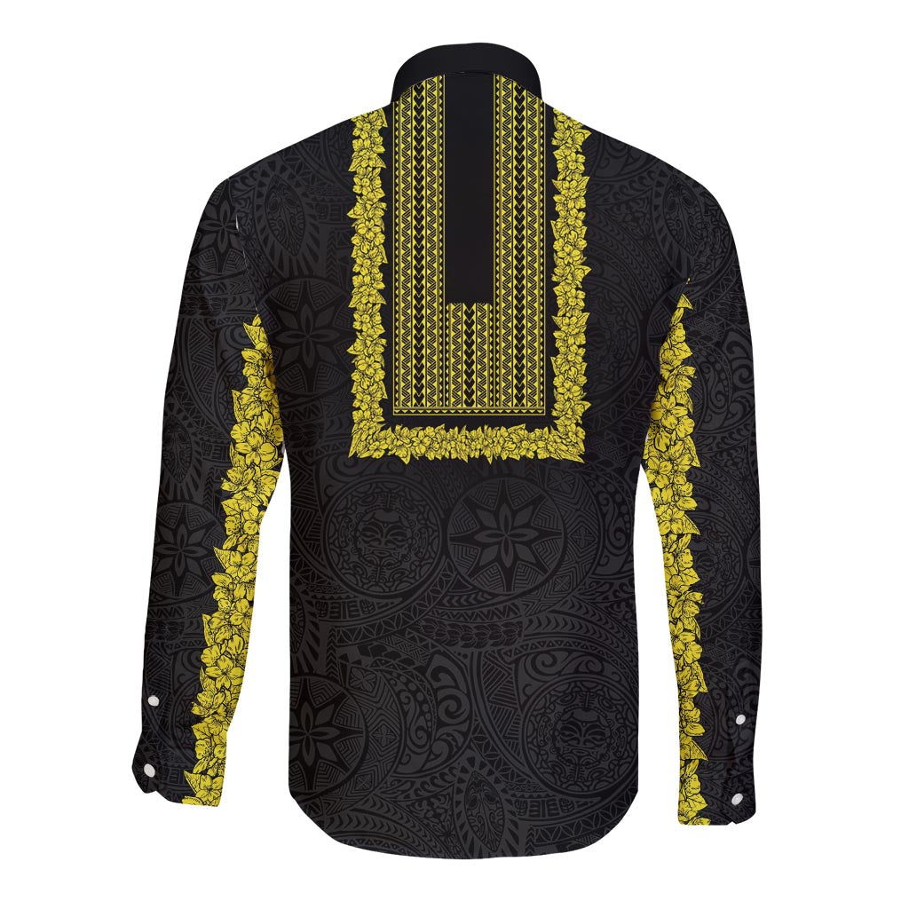 Philippines Polynesian Jasmine Pattern Long Sleeve Button Shirt With Barong Tagalog Black Style