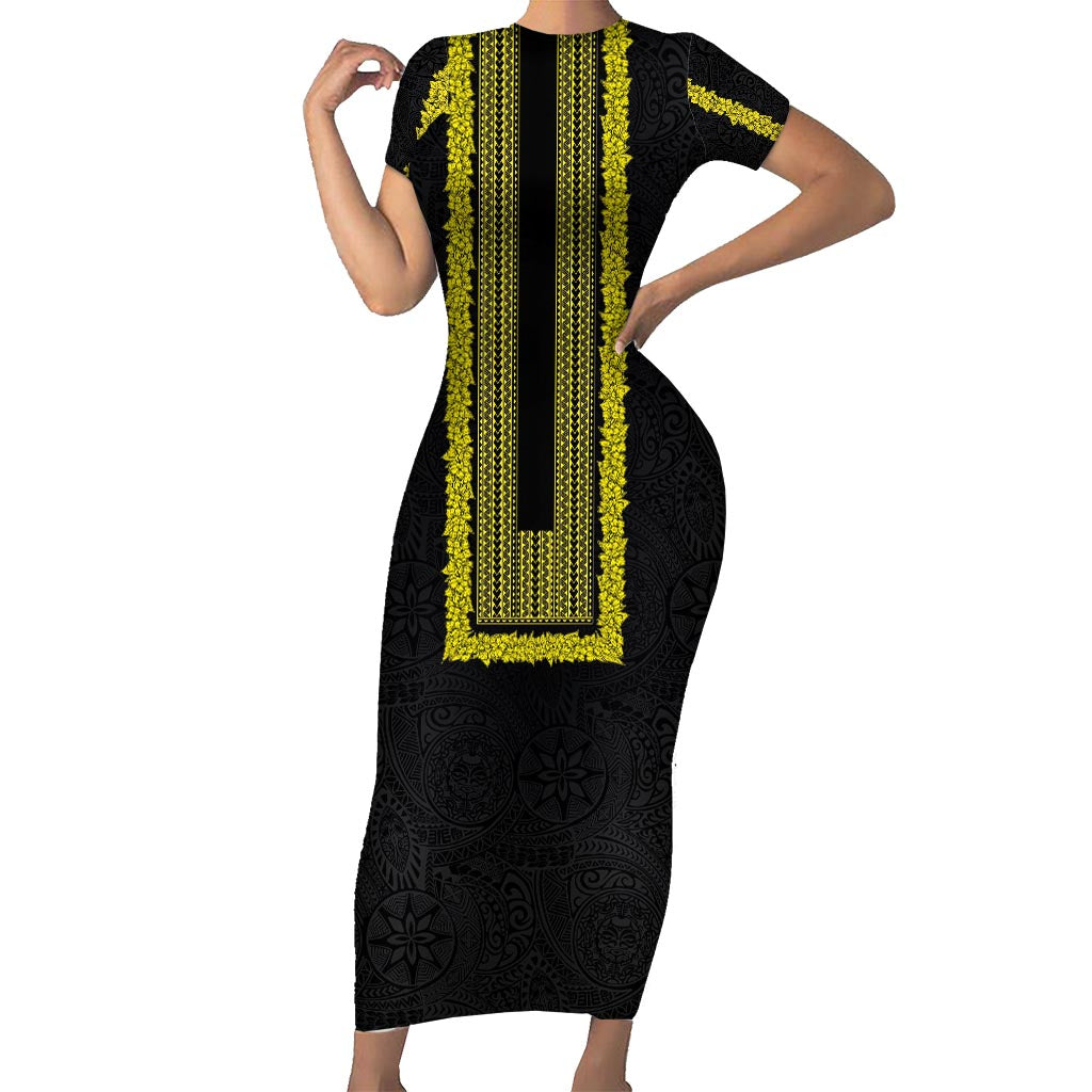Philippines Polynesian Jasmine Pattern Short Sleeve Bodycon Dress With Barong Tagalog Black Style