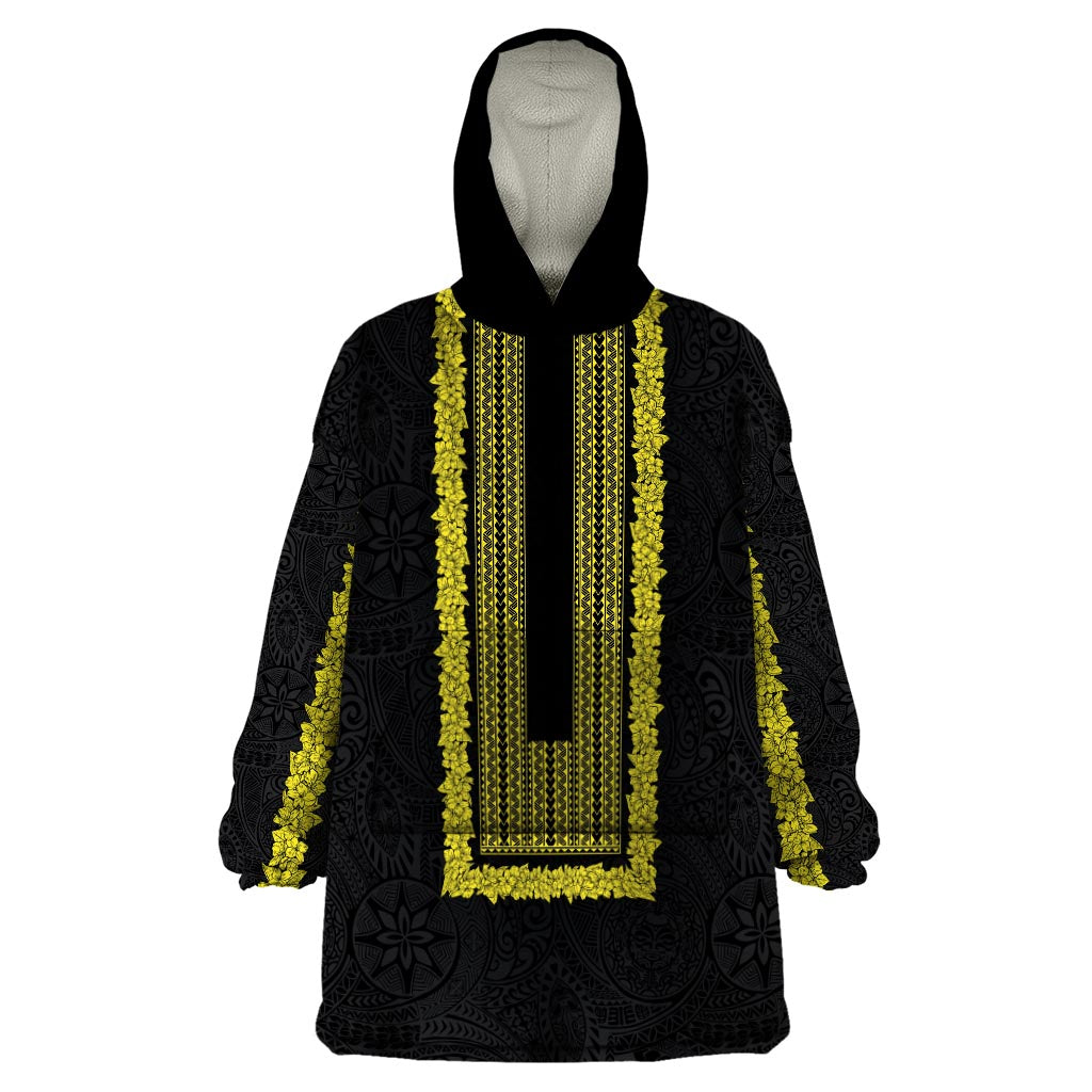 Philippines Polynesian Jasmine Pattern Wearable Blanket Hoodie With Barong Tagalog Black Style