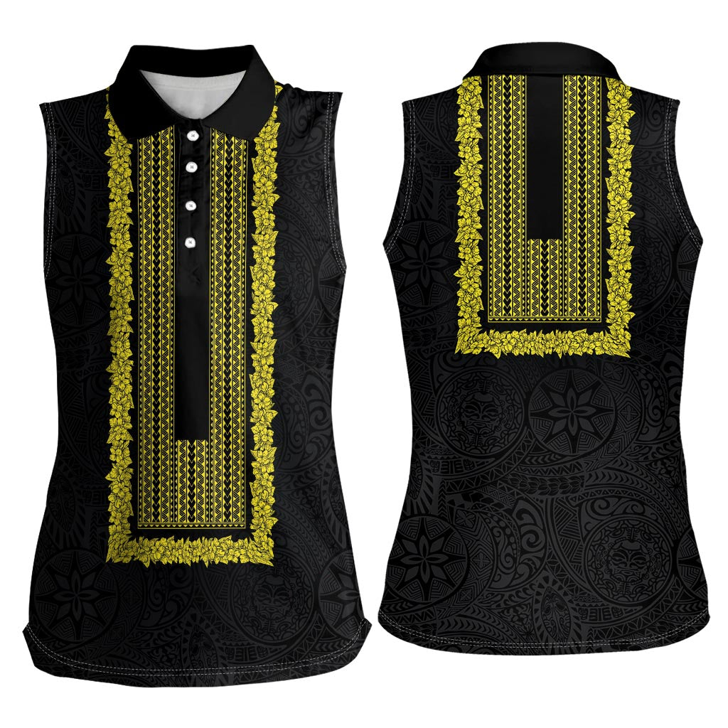 Philippines Polynesian Jasmine Pattern Women Sleeveless Polo Shirt With Barong Tagalog Black Style