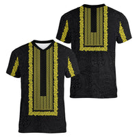 Philippines Polynesian Jasmine Pattern Women V-Neck T-Shirt With Barong Tagalog Black Style