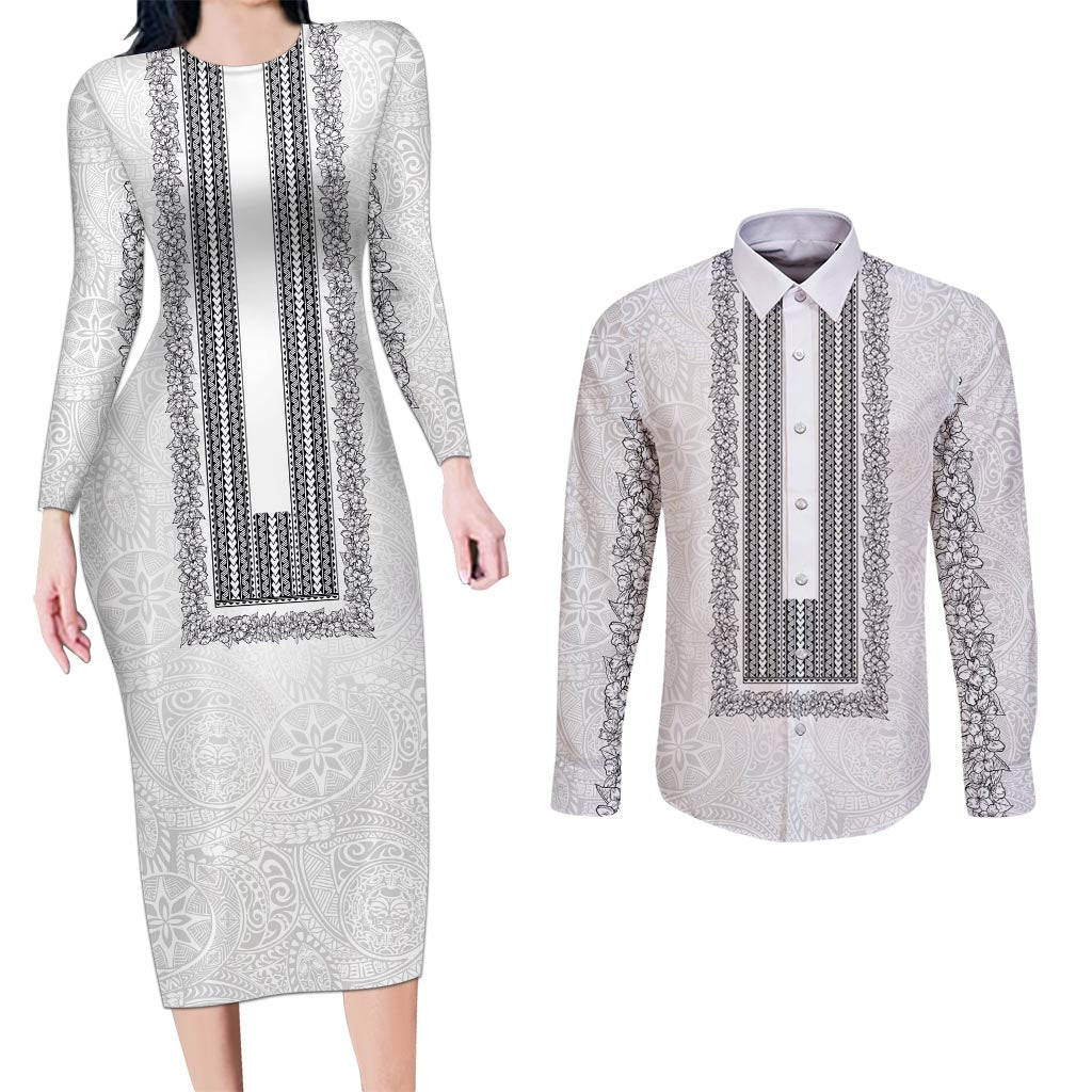 Philippines Polynesian Jasmine Pattern Couples Matching Long Sleeve Bodycon Dress and Long Sleeve Button Shirt With Barong Tagalog White Style