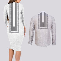 Philippines Polynesian Jasmine Pattern Couples Matching Long Sleeve Bodycon Dress and Long Sleeve Button Shirt With Barong Tagalog White Style