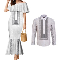 Philippines Polynesian Jasmine Pattern Couples Matching Mermaid Dress and Long Sleeve Button Shirt With Barong Tagalog White Style