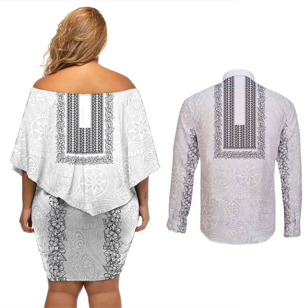 Philippines Polynesian Jasmine Pattern Couples Matching Off Shoulder Short Dress and Long Sleeve Button Shirt With Barong Tagalog White Style